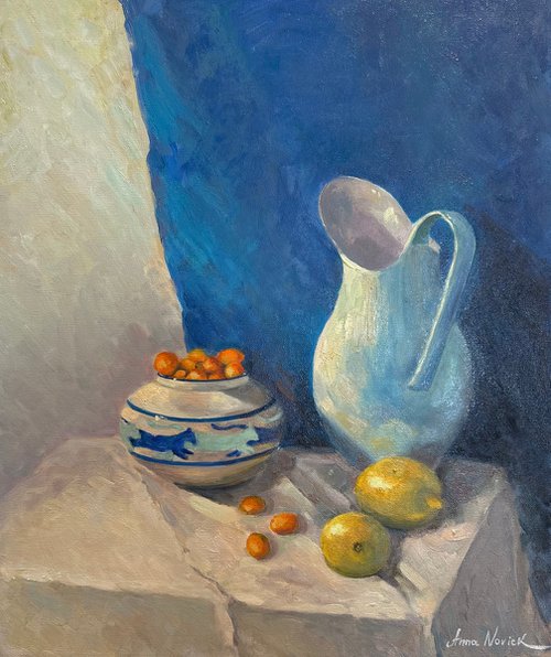 The sunny still life with antique vase, jug and citruses by Anna Novick