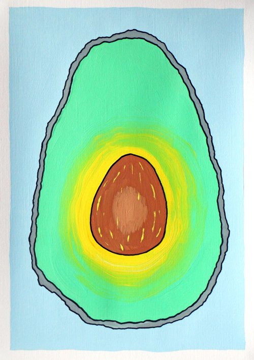 Avocado Half Pop Art Painting On A4 Paper by Ian Viggars