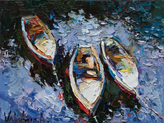 Moored rowing boats #1- Original oil seascape painting