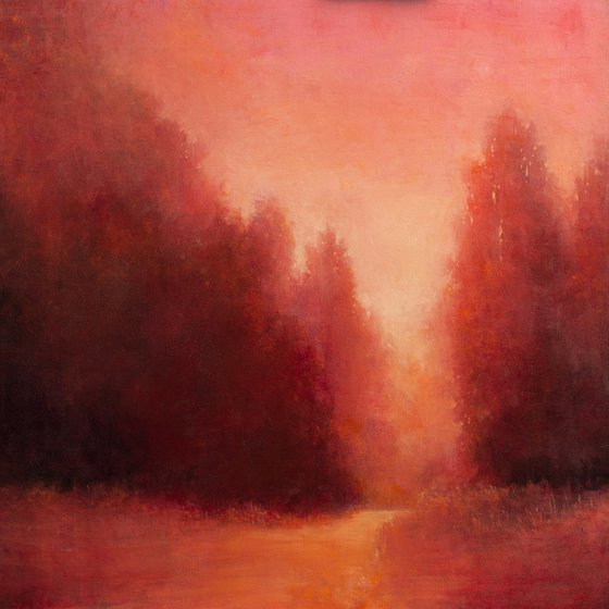 Misty Pink Sunset 210915, sunset impressionist landscape oil painting