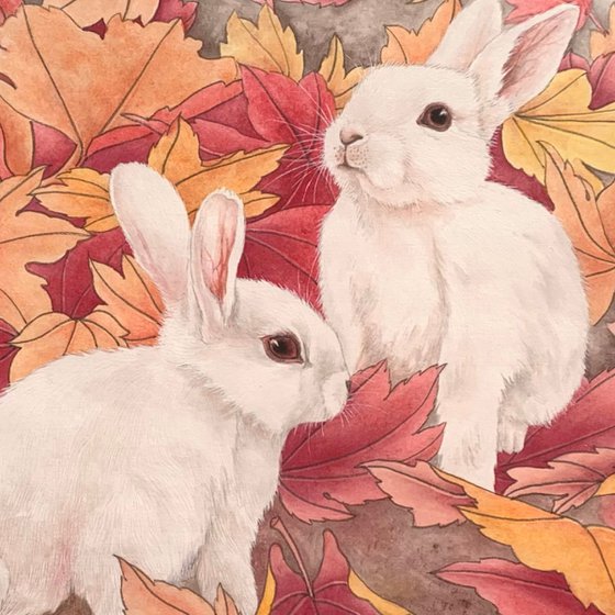 Bunny in the red Leaf, Original Brush Painting