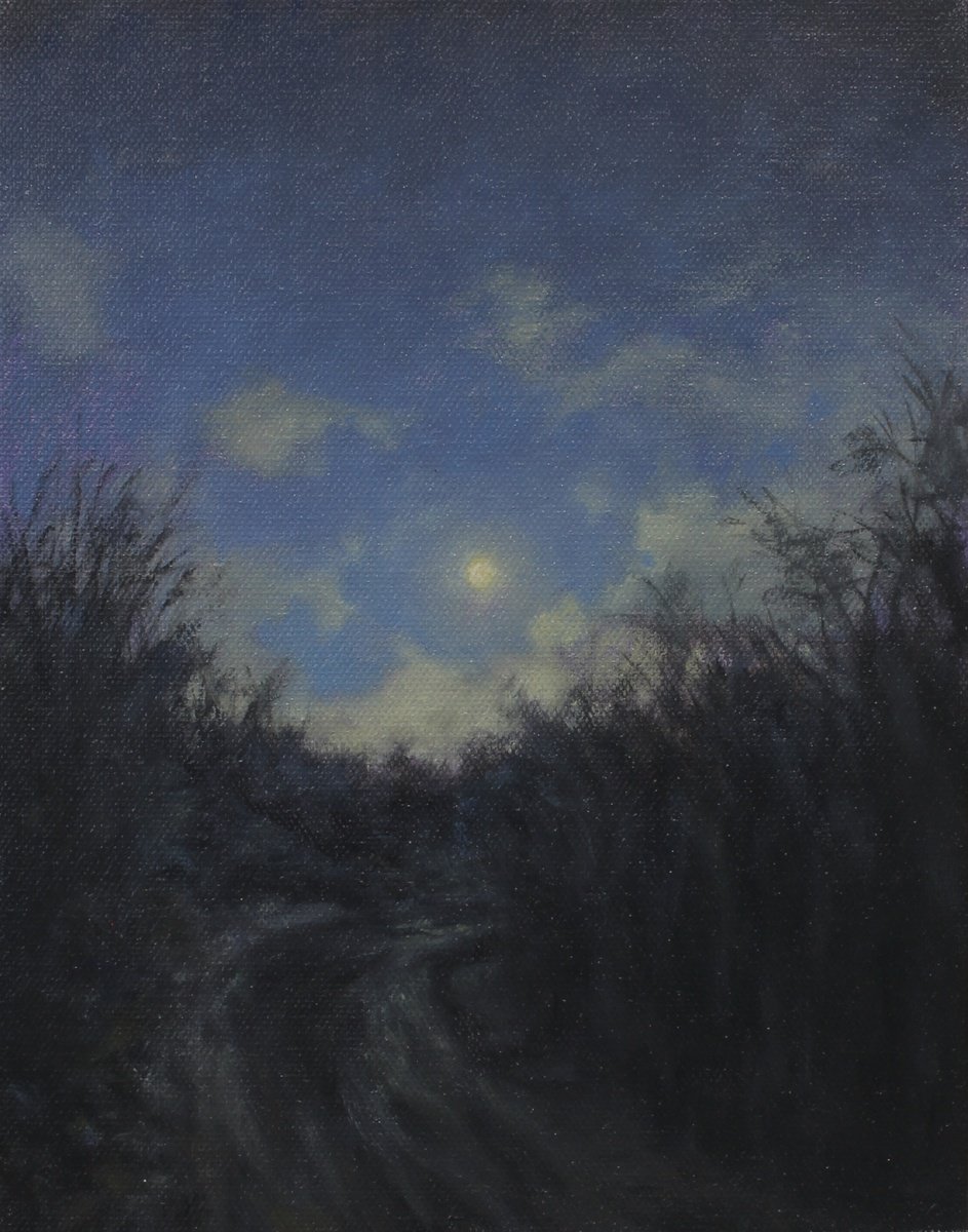 Impressionistic Landscape Oil Painting By John Fleck, 8 X 10, Nocturne With Moon, Original Artwork