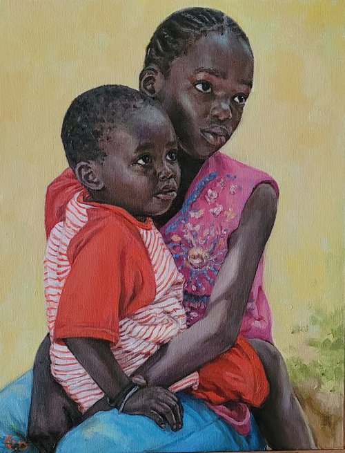 Brother and Sister, Original Oil Painting, Contemporary by QI Debrah