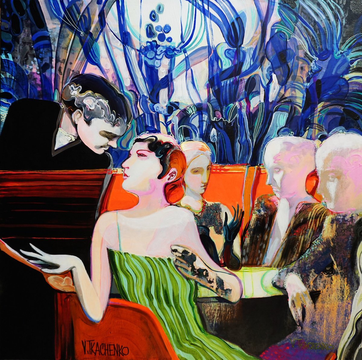 Organic Portrait Acrylic Painting By Victor Tkachenko, 24 X 24", Four Specials, Original Artwork