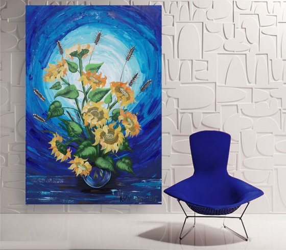 Sunflowers Blue Large Still Life B047 expressionist acrylic painting 110x160 cm unstretched canvas art