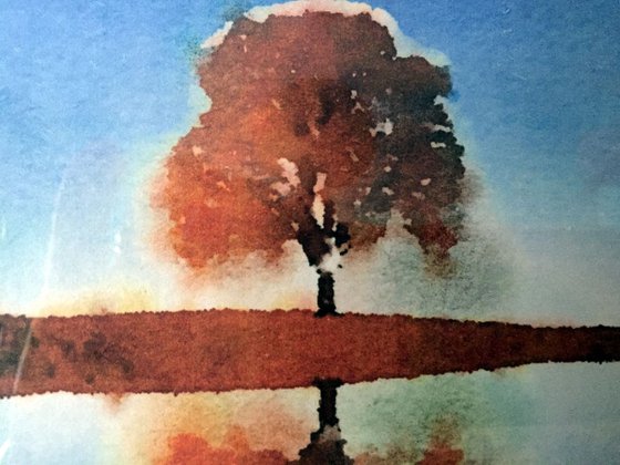 Still water, red tree - a digital watercolour