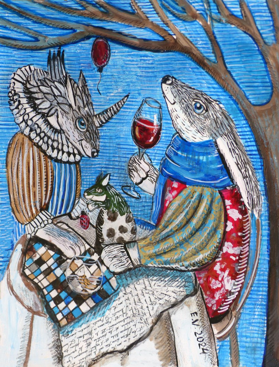 Surrealistic Animal Painting By Elizabeth Vlasova, 11 X 14, A Debate On The Taste Of Wine, Original Artwork