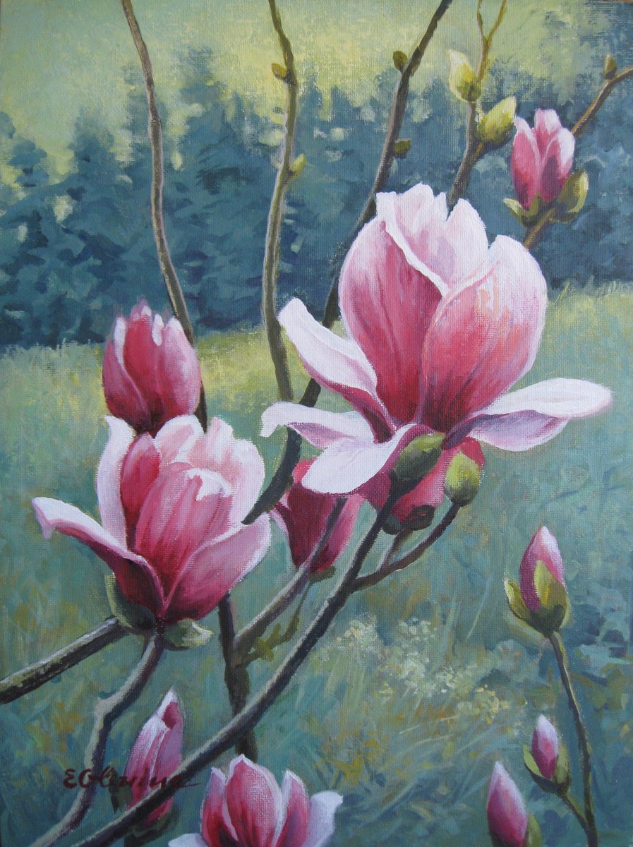 Impressionistic Botanical Acrylic Painting By Elena Oleniuc, 12 X 16, Pink Magnolia, Original Artwork