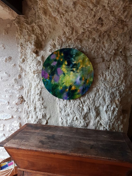 Memories of secret - abstract dreaming landscape tondo - original painting on round canvas - atmospheric abstraction circular canvas Path mystery