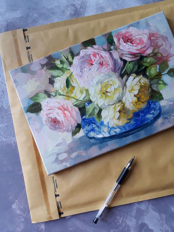 Roses love, floral oil painting on canvas, yellow pink roses in a blue vase