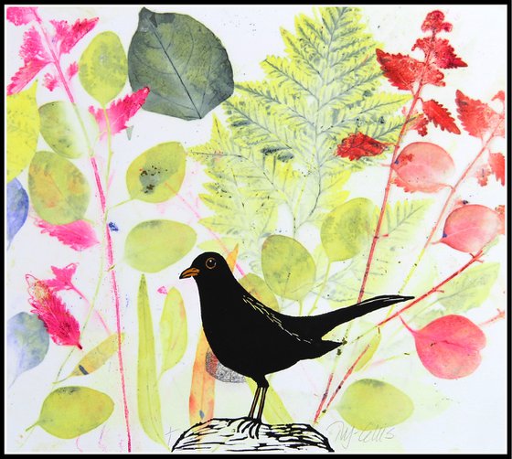 little Blackbird, linocut with mixed media