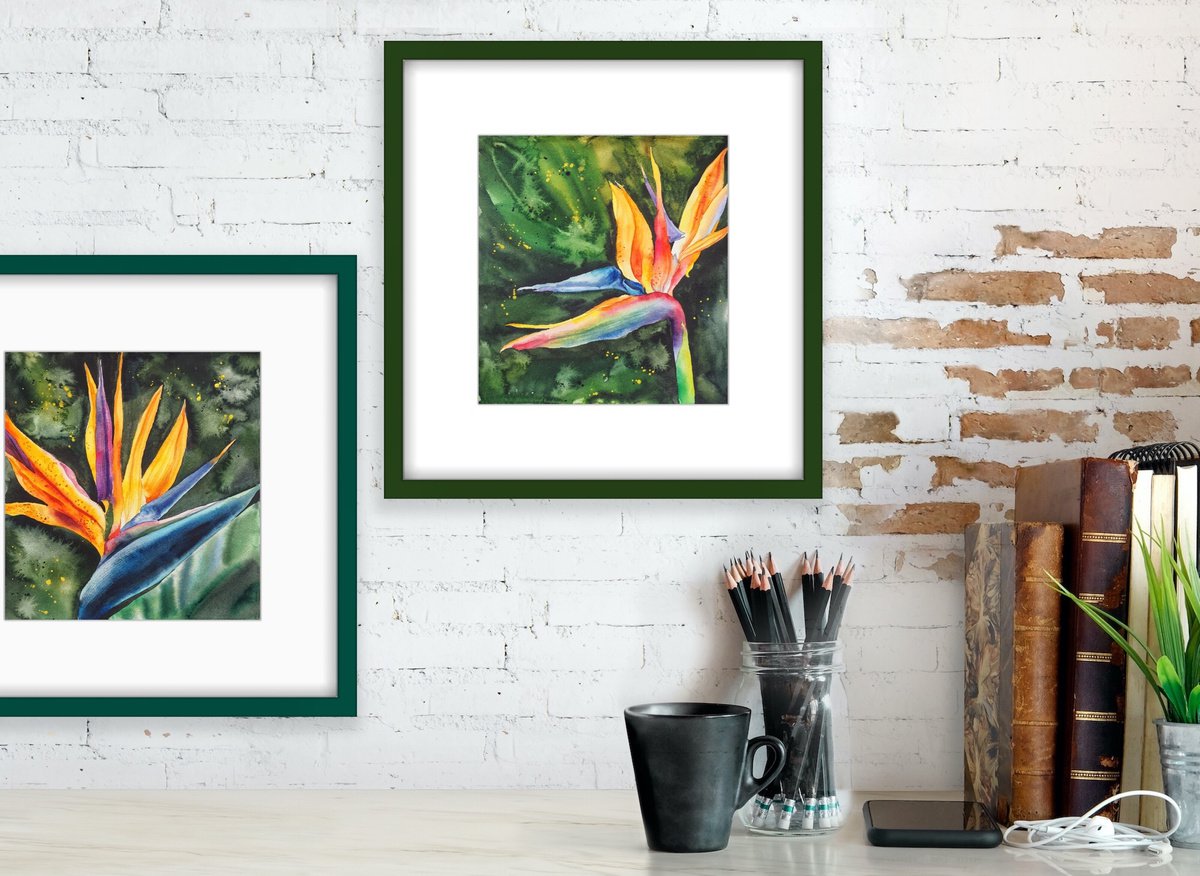 Diptych Kiss of two strelitzia tropical flowers bright colors watercolor painting - Gift... by Delnara El