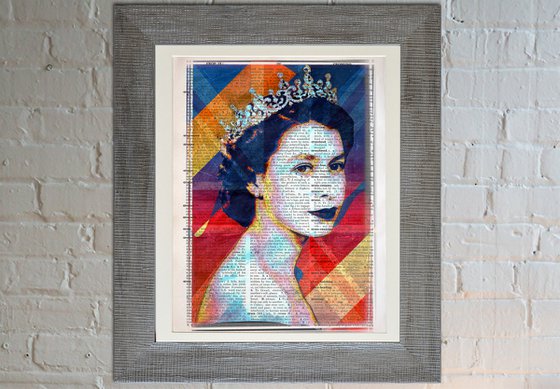Queen Elizabeth II - The Union Jack 3 - Collage Art on Large Real English Dictionary Vintage Book Page