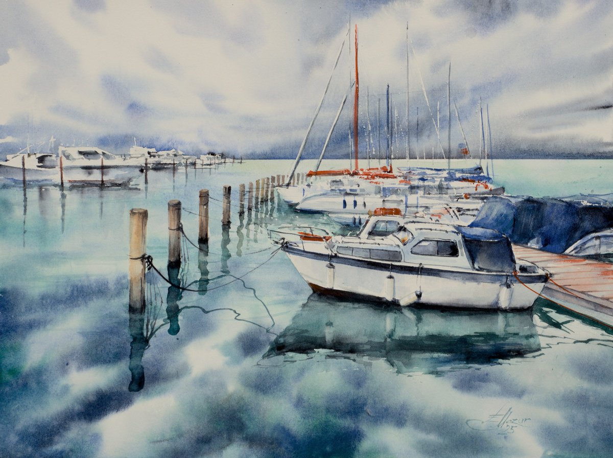 Impressionistic Landscape Watercolour By Eve Mazur, 16 X 12, Marina, Original Artwork