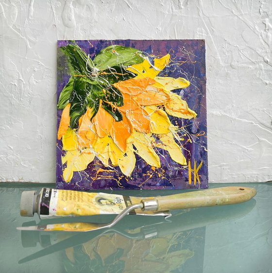 Sunflower Painting Floral Original Art Flower Small Oil Impasto Artwork 6 by 6 inches