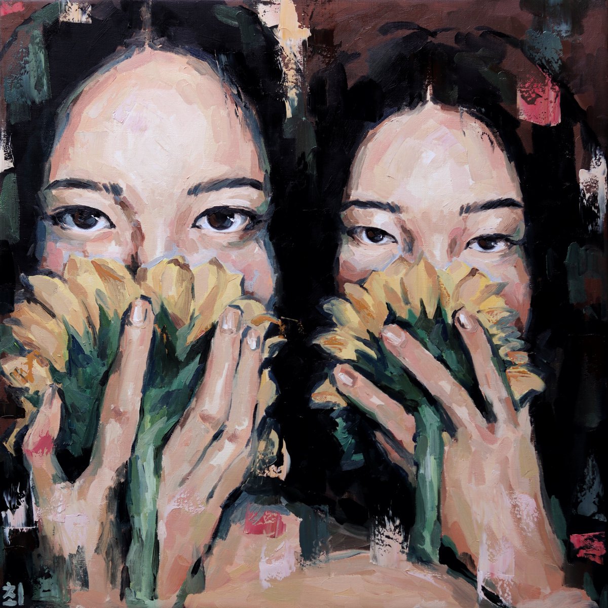 Asian women with sunflowers by Marina Ogai
