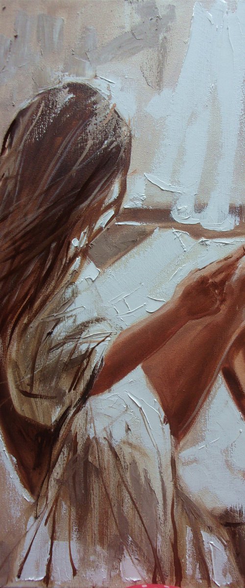 " LIGHT " book lover original painting window FALL AUTUMN palette knife GIFT brown by Monika Luniak