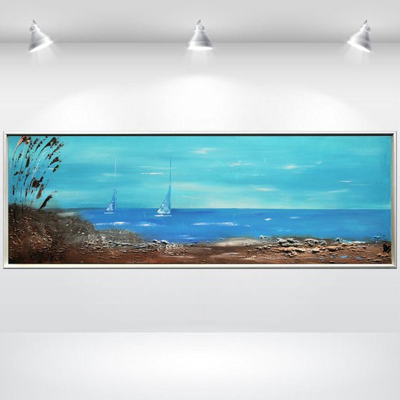 At the Shore - Abstract- Painting- Acrylic Canvas Art - Wall Art - Framed Art - Blue Art - Modern Art