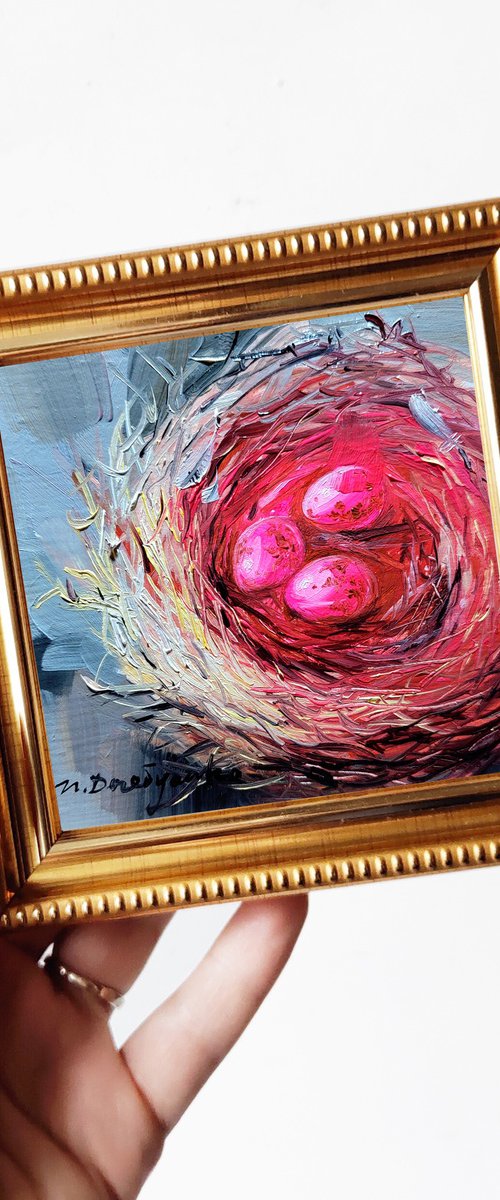 Bird nest painting original framed 4x4, Hot pink ruby eggs miniature oil painting small by Nataly Derevyanko