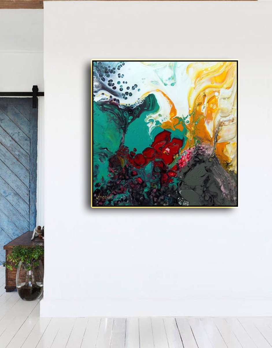 Abstract Botanical Acrylic Painting By Areti Ampi, 16 X 16, Red Flower, Original Artwork