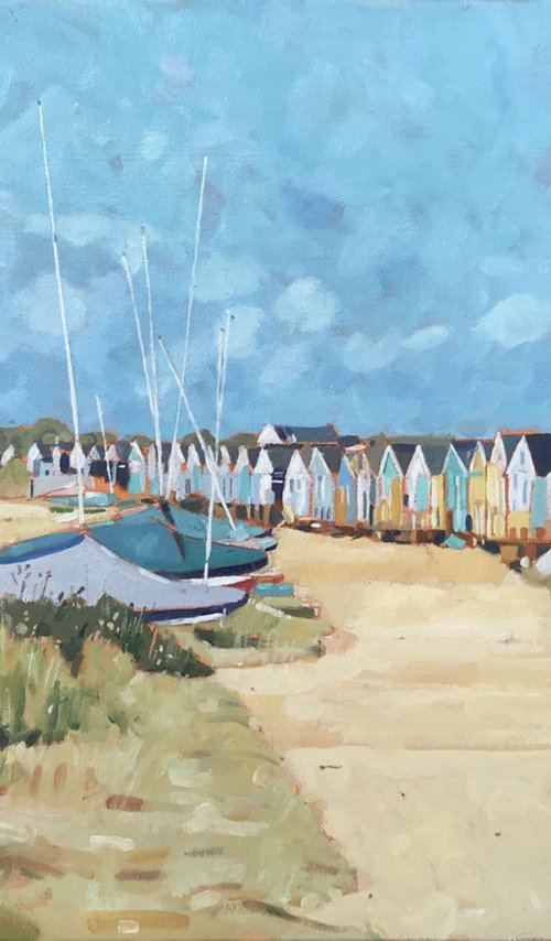 Boats And Beach Huts, Mudeford Sandbank by Emma Dashwood