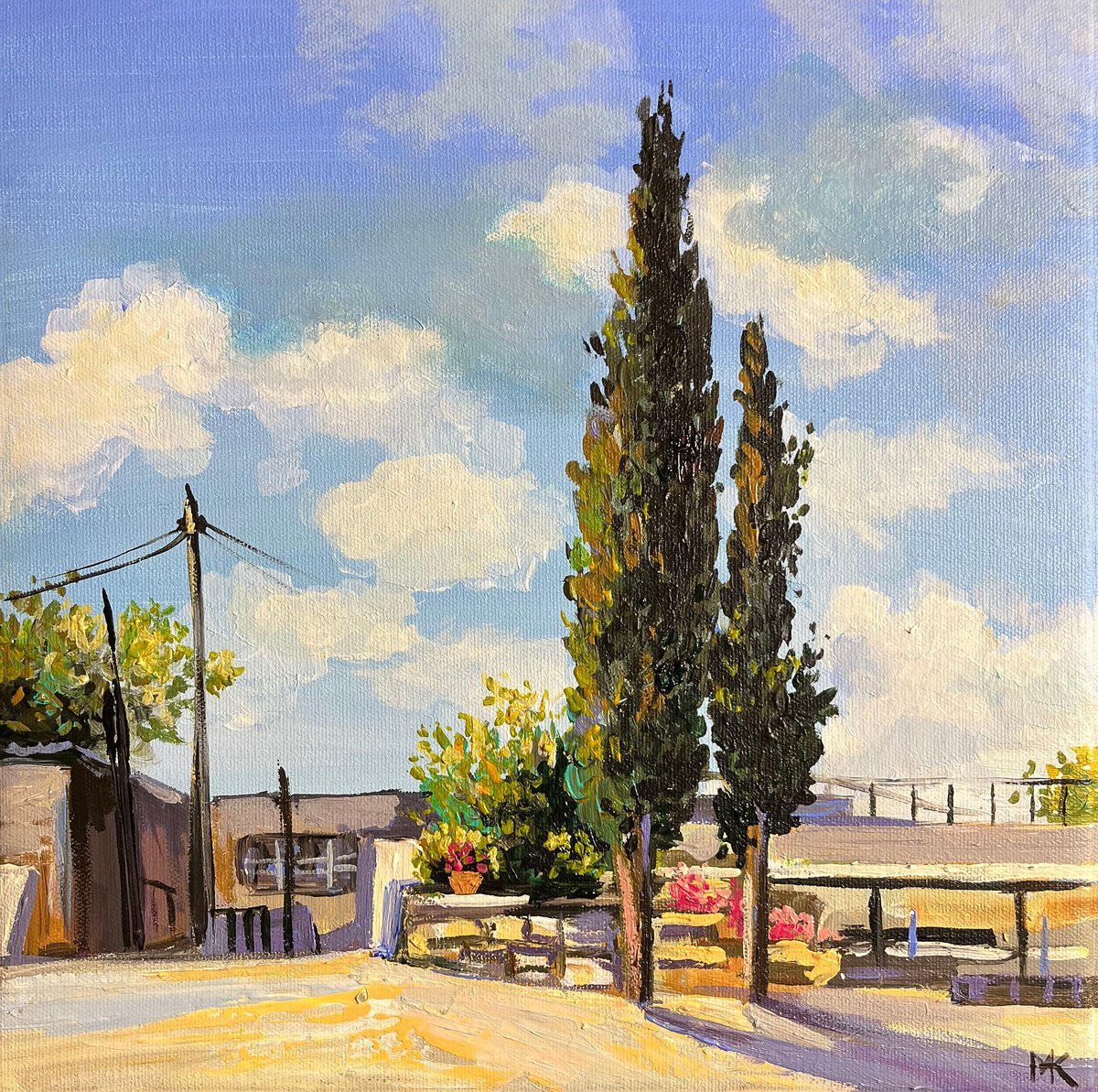 Impressionistic Cityscapes Acrylic Painting By Maria Kireev, 12 X 12", Cypresses In The Monastery Courtyard., Original Artwork