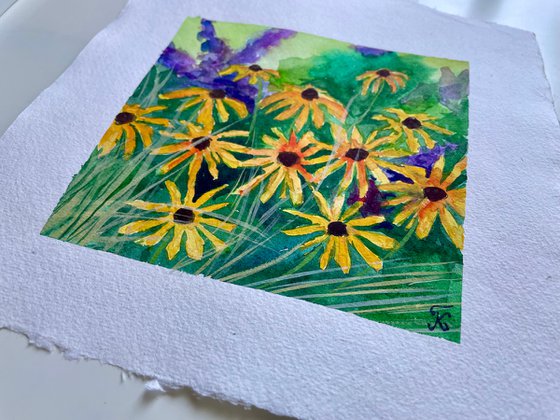 Flower Original Watercolor Painting, Yellow Wildflowers Artwork, Floral Wall Art, Coneflower Illustration