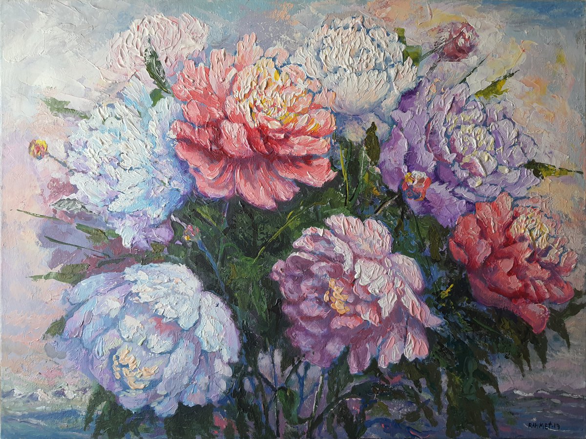 Impressionistic Botanical Acrylic Painting By Rakhmet Redzhepov, 31 X 24", Peonies And Mountains, Original Artwork