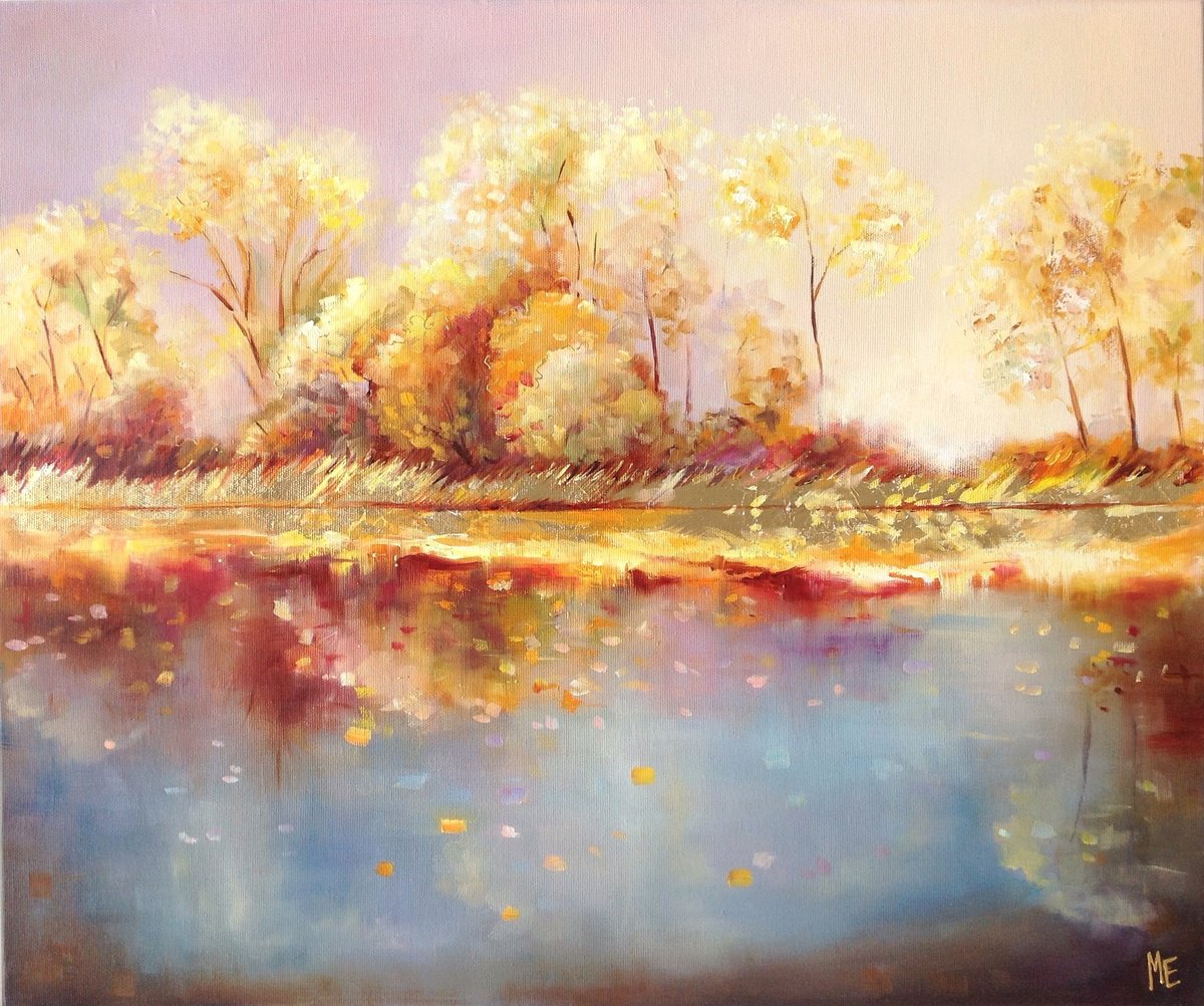 Impressionistic Landscape Oil Painting By Olena Hontar, 24 X 20", Gold Autumn, Original Artwork