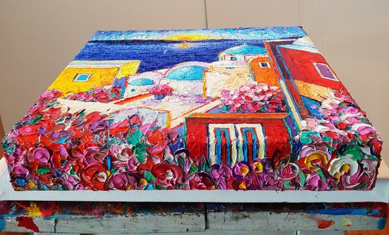 SANTORINI OIA COLORS AT SUNRISE textural impasto palette knife oil painting on 3D Canvas painting continues on the edges sides of the canvas by Ana Maria Edulescu