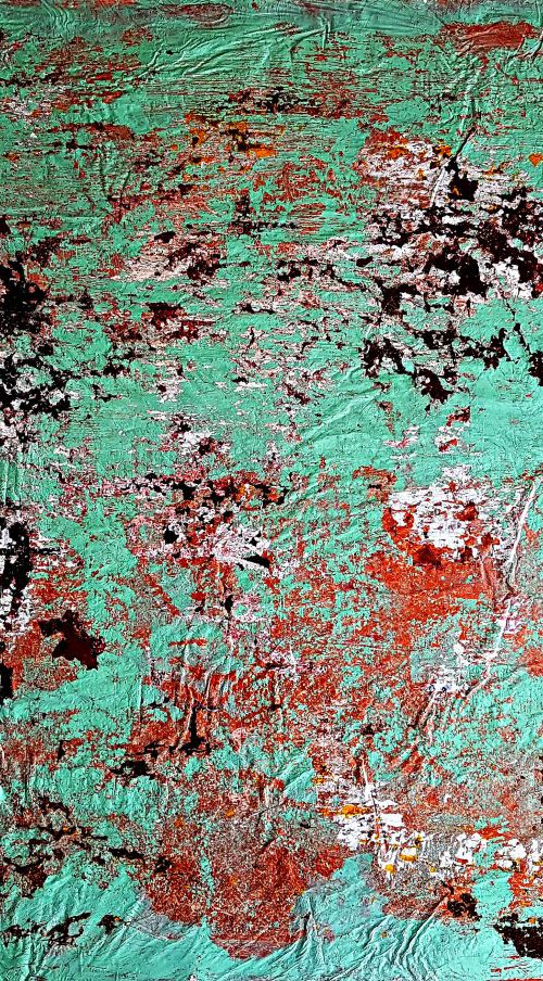 Senza Titolo 183 - green copper - abstract landscape - ready to hang - 102 x 77 x 2 cm - acrylic painting on canvas by Alessio Mazzarulli