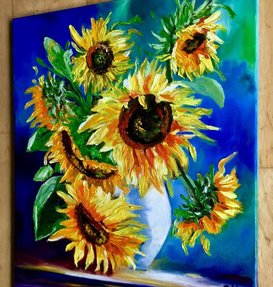 BOUQUET OF SUNFLOWERS inspired by VINCENT VAN GOGH . palette knife modern  oil still life painting on blue purple pink yellow Dutch style office home decor gift