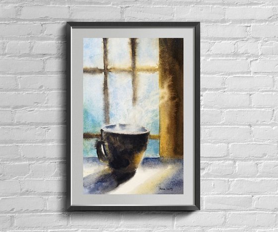 Morning Coffee Cup ORIGINAL Watercolor Painting - Kitchen Wall Art Aquarelle Home Decor