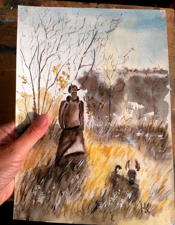 Fall Painting Landscape Original Art Walking Dog Watercolor Woman and Dog Artwork Autumn Stroll Artwork Home Wall Art 8 by 11" by Halyna Kirichenko