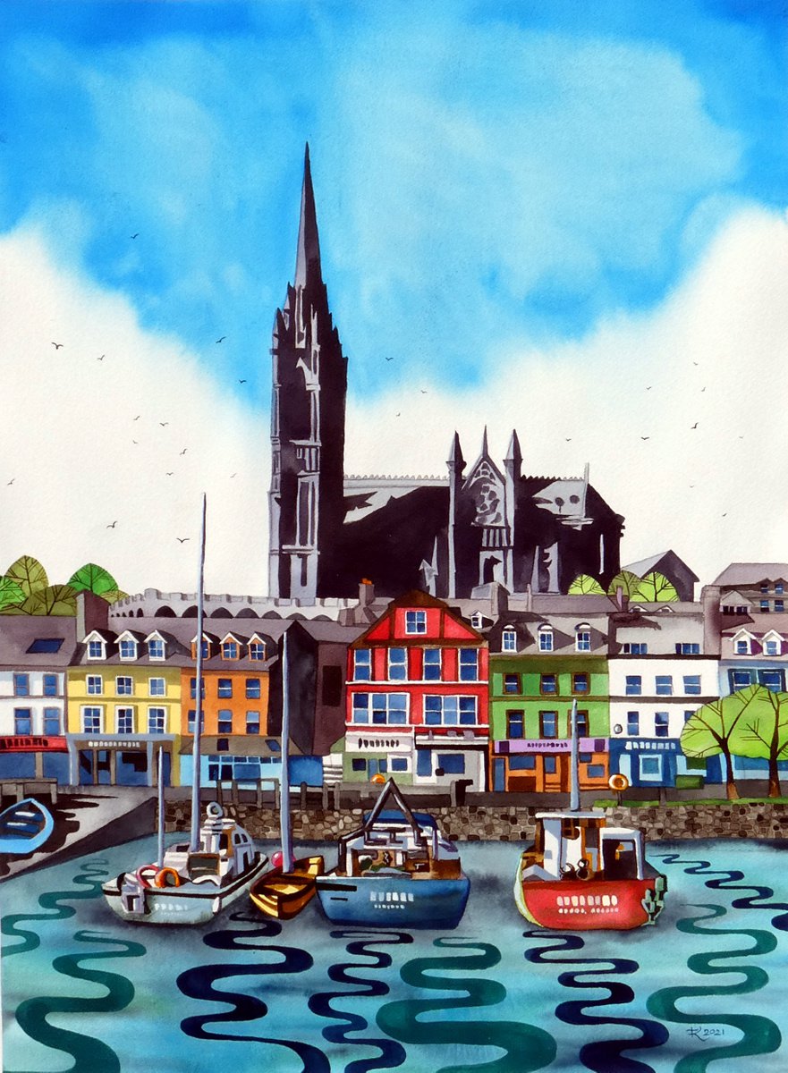 Illustrative Cityscapes Painting By Terri Smith, 25 X 33", Cobh Cathedral, Original Artwork