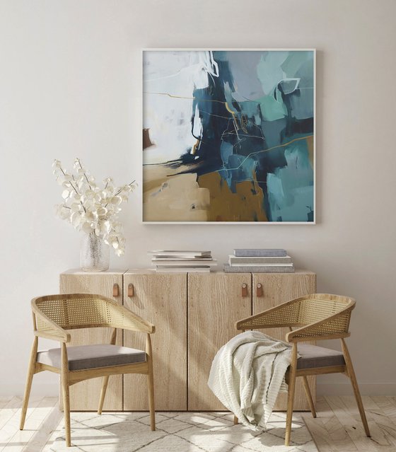 "Trino" Teal white brown abstract art