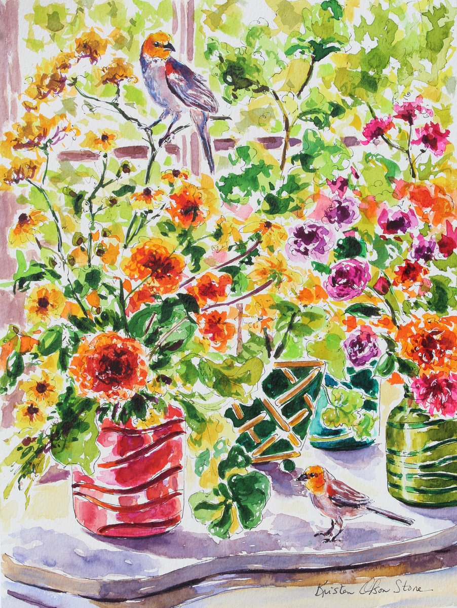 Impressionistic Watercolour , Desert Verdins By Kristen Olson Stone, 9 X 12, Artwork For Sale On Artfinder