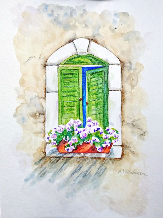 Window #1 Still life watercolor painting. Part of "Windows" series