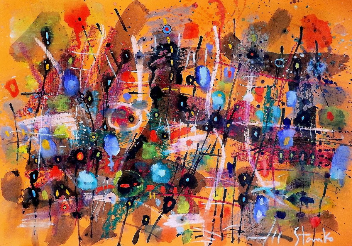 Abstract Acrylic Painting By Stanislav Bojankov, 25 X 18", Landscaping On Jazz-Xlvii, Original Artwork