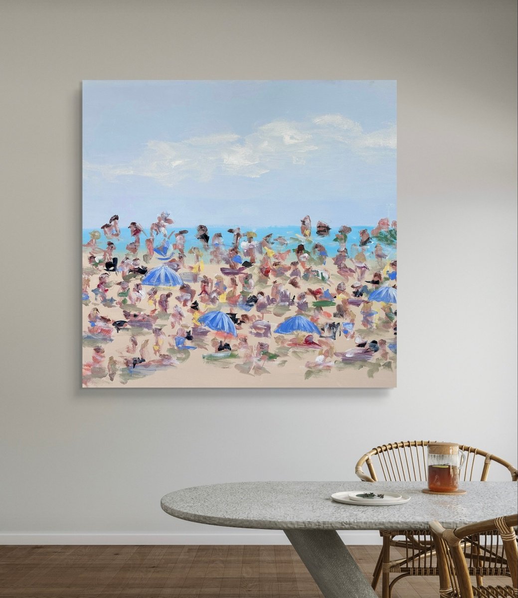 Impressionistic Landscape Acrylic Painting By Emma Bell, 48 X 48, Blue Umbrellas, Original Artwork