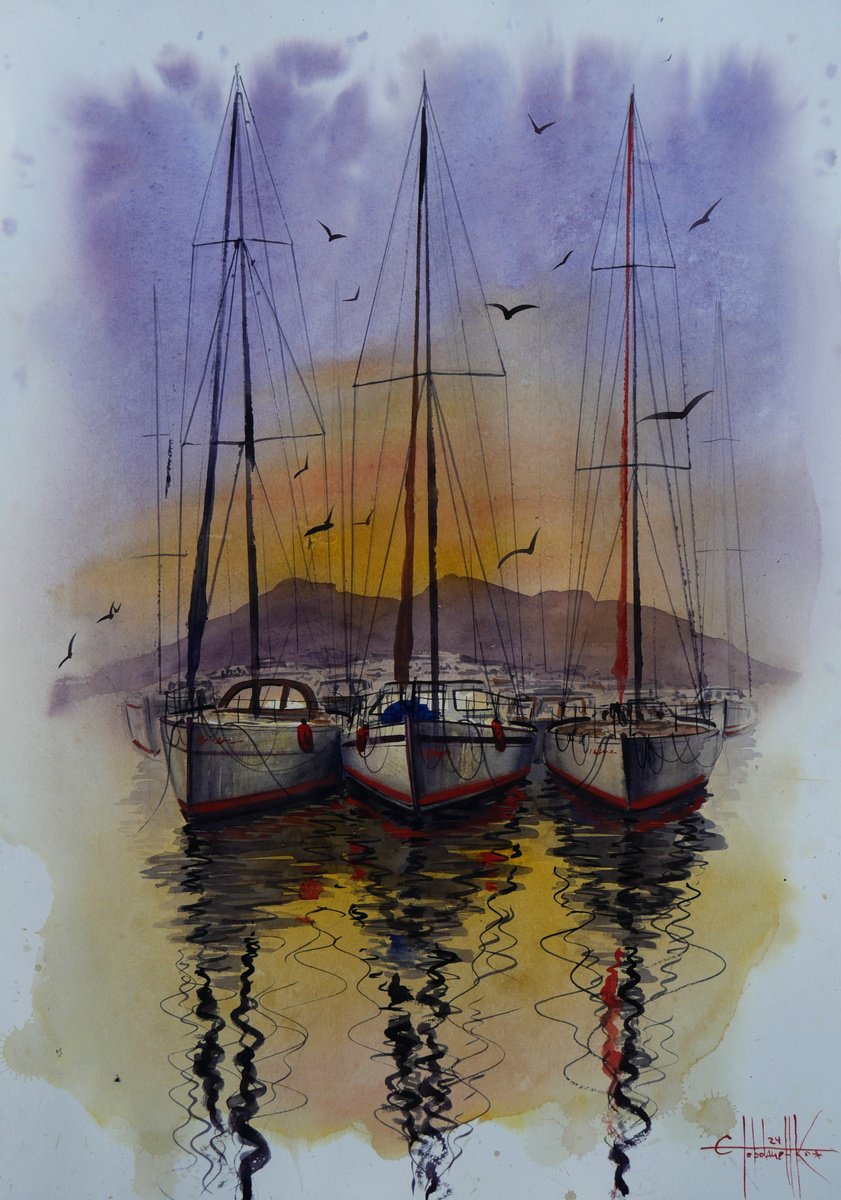 Impressionistic Landscape Watercolour By Eugene Gorbachenko, 20 X 28, In The Bay, Original Artwork