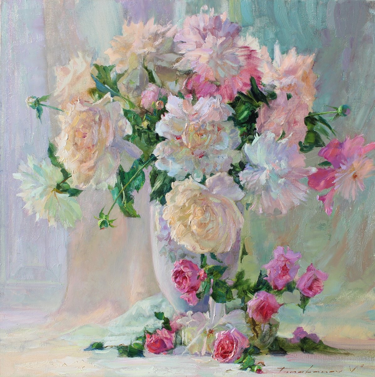 Impressionistic Botanical Oil Painting By Volodymyr Tarabanov, 26 X 26", Peonies And Tea Roses, Original Artwork