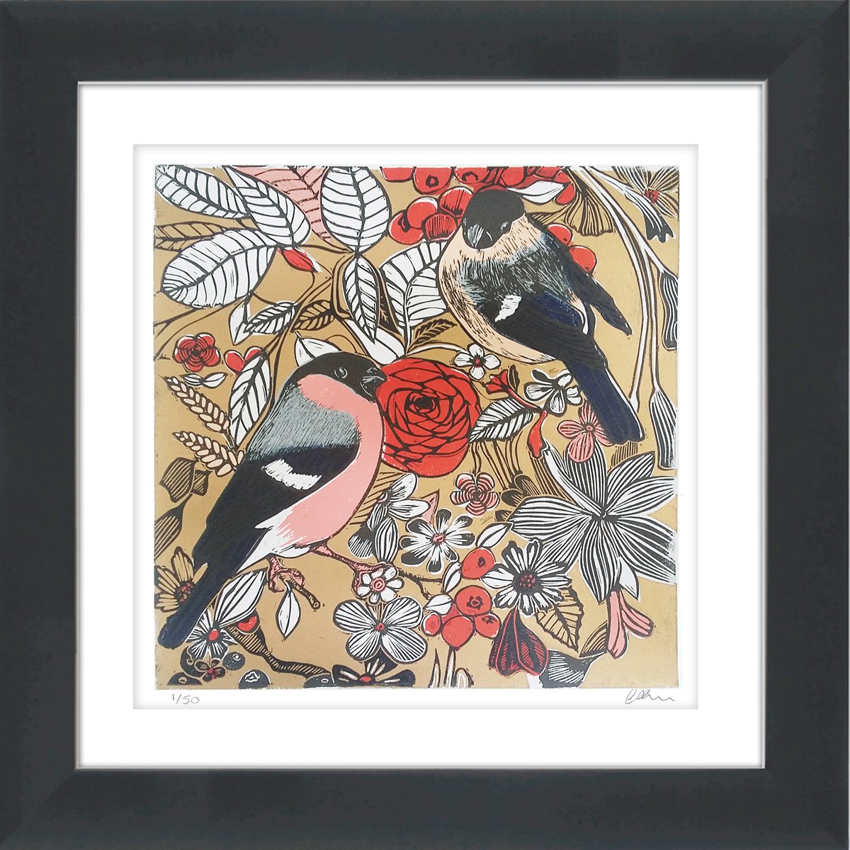 Bullfinches chinoiserie (Gold) - Ready to hang, framed linoprint by Carolynne Coulson