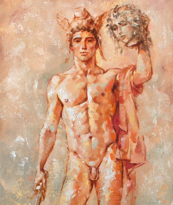 Perseus with the head of Medusa Gorgon by Yaroslav Sobol - (Modern Impressionistic Figurative Oil painting of a Man Gift Home Decor)