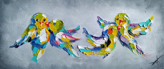 Dance in heaven - oil painting, kiss, birds, birds lovers, animals oil painting, Impressionism, palette knife, art bird, gift.