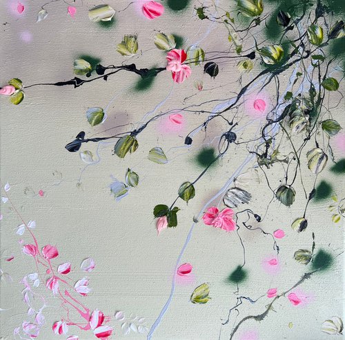 Square acrylic structure painting with flowers "Warm Afternoon II" 60x60x2cm, mixed media by Anastassia Skopp