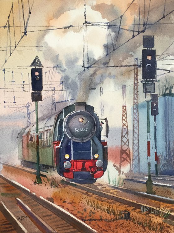 Old train. Locomotive and railway, painting