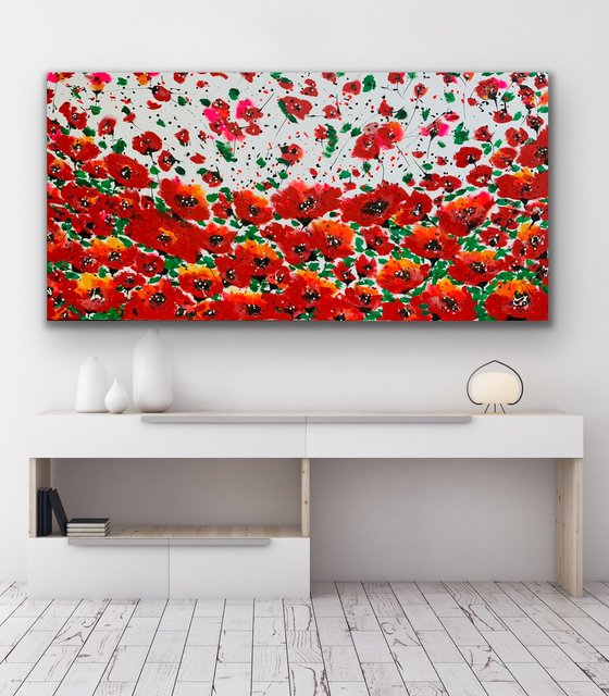 71''x 35''(180 x 90 cm), Garden of Joy 28, art, red green flowers, peony, roses, poppy  original acrylic canvas art, ready to hang