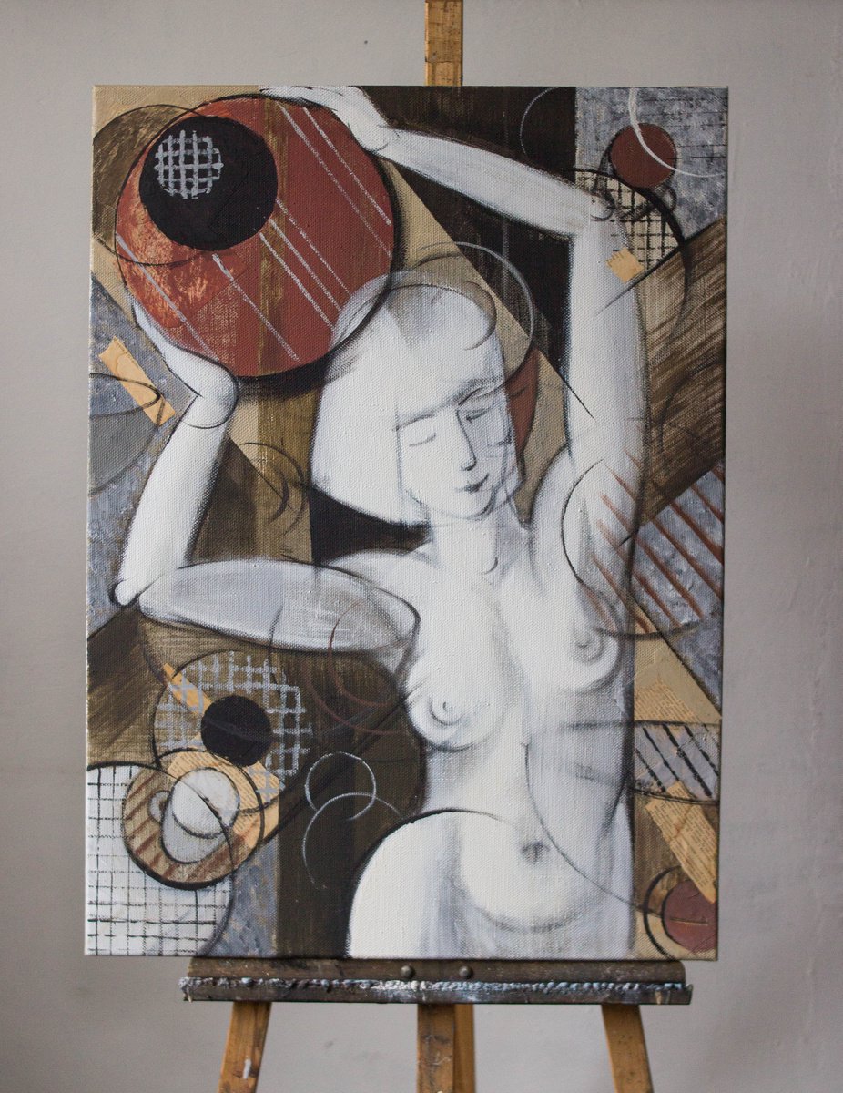 My space III - acrylic painting on canvas, woman, erotic art, hat and sun, wall art, interior design, abstract, office