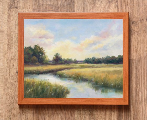River at sunrise in soft tones
